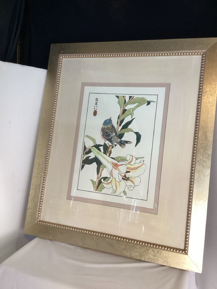 Green/multi Flower Bird Framed Art
