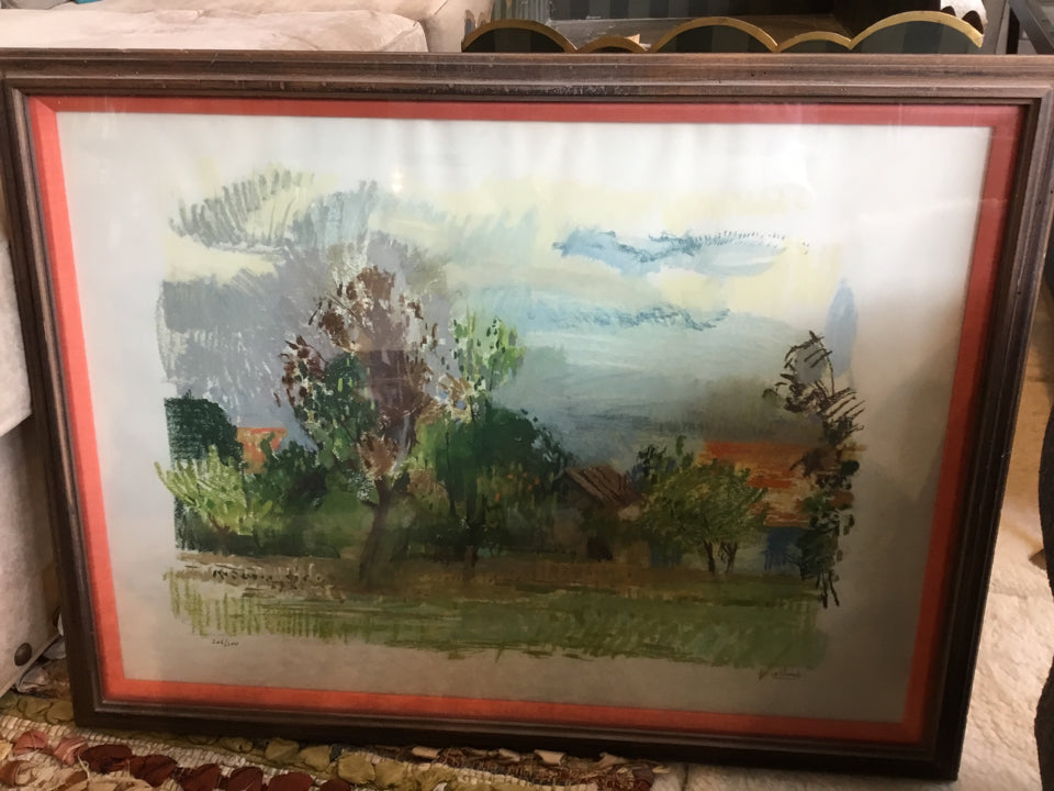 Signed Print Blue/Green Village Trees Framed Art