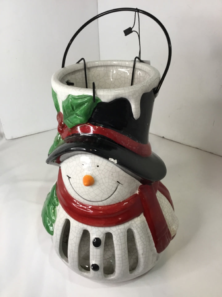 Candle Holder White/Multi Ceramic Snowman Holiday Item