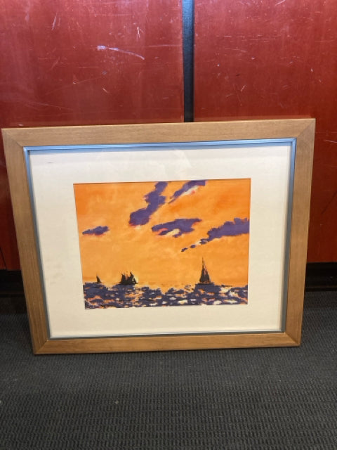 Orange/Blue Ship Ocean Scape Framed Art