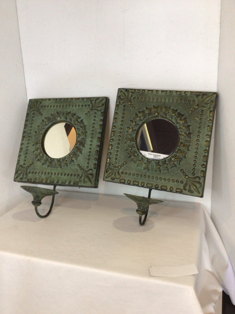 Candle Holder Green Metal Pair Mirror