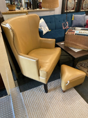 Wing Back Vinyl NailHead Gold Chair & Ottoman