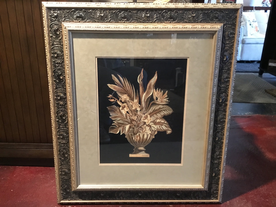 Mid Century Black/Gold Floral Urn Framed Art