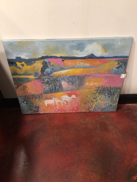 Original Pink/Blue Field Sheep Stretch Canvas Art