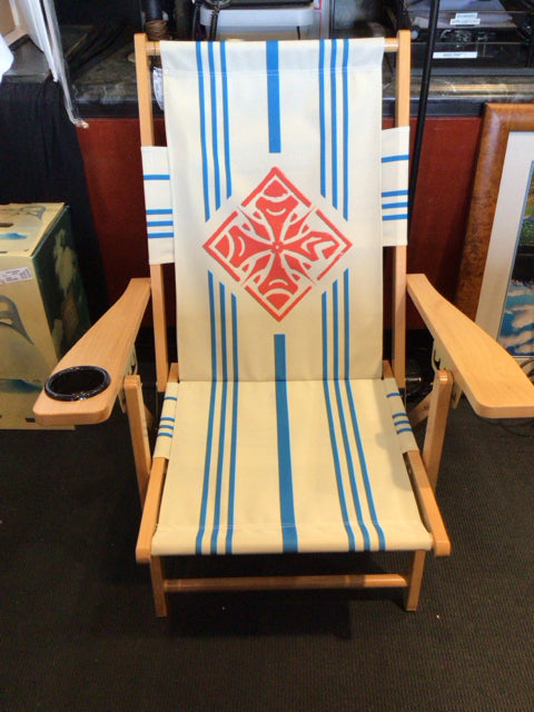 Beach Wood Folding Canvas White/Blue Chair