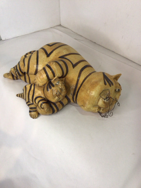 Whimsical Tan/Brown Ceramic Striped Cat Sculpture