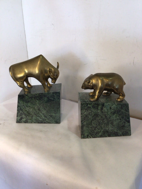 Pair Green Brass Bull Book End