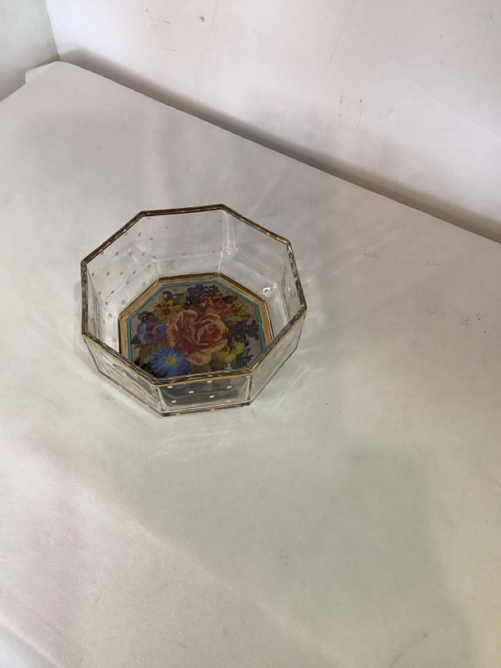 MacKenzie Childs Octagonal Clear/Multi Glass Floral Bowl