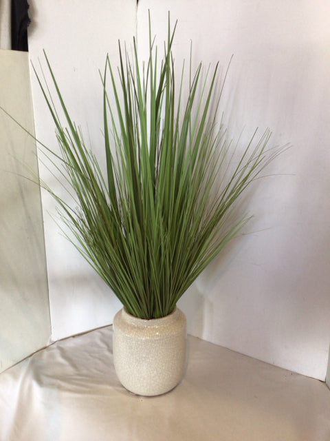 Green/White Ceramic Grass In Pot Faux Plant
