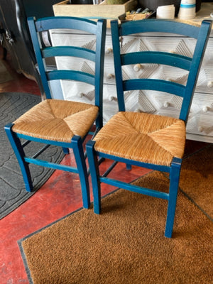 Pair Wood Rush seat Teal Chair Set