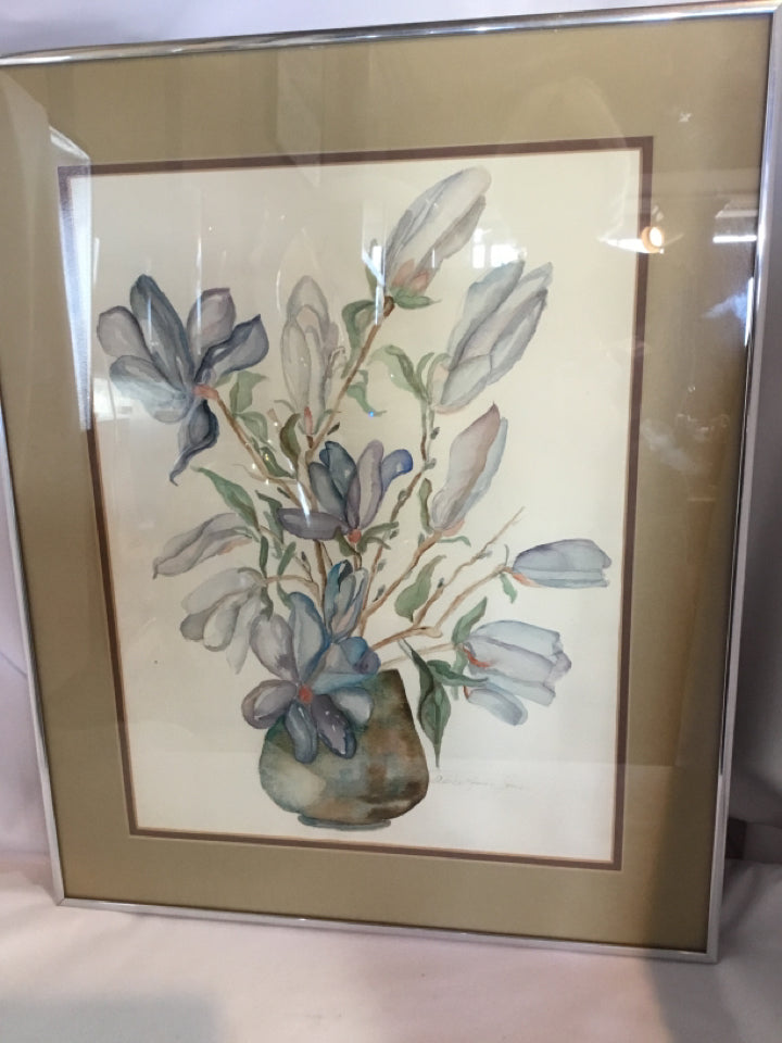 Signed Cream/Multi Painting Flowers In Vase Framed Art