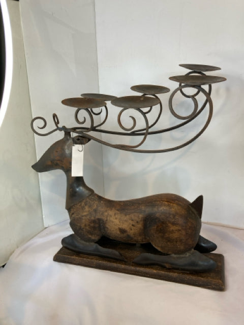 Christmas Brown Cast Iron Candle Holder Reindeer Holiday Item
