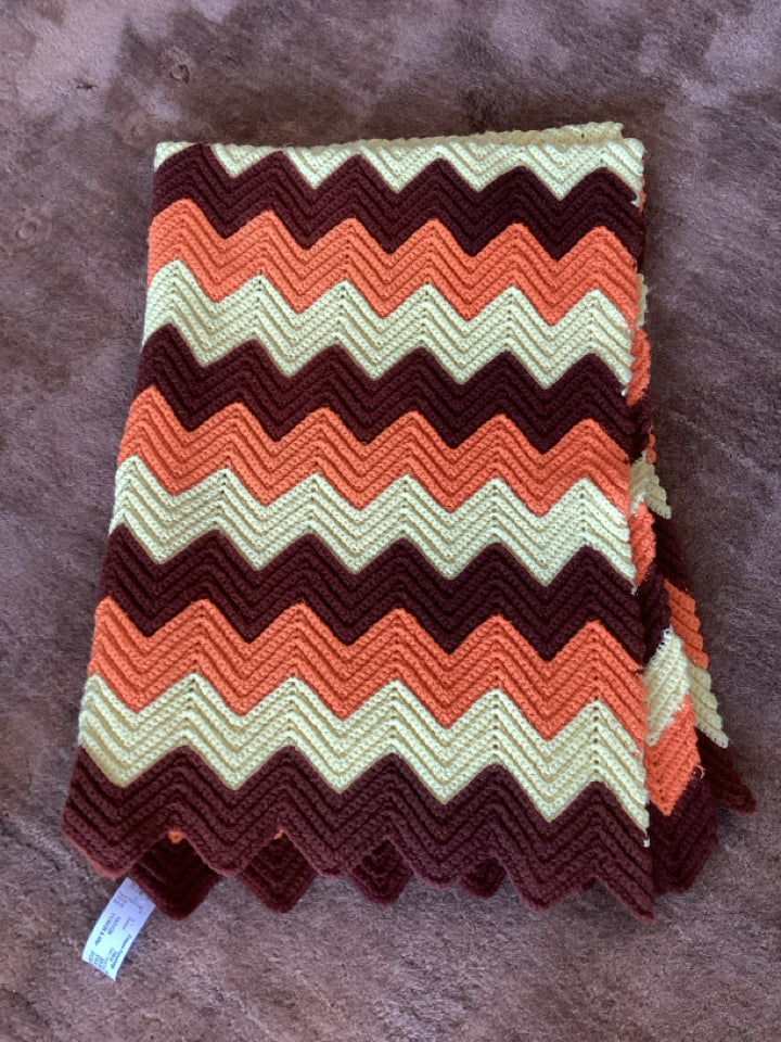 Retro Yellow/Orange Crochet Zig Zag Blanket
