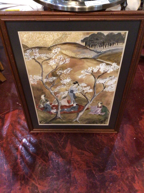 Oriental Tan/green People Framed Art