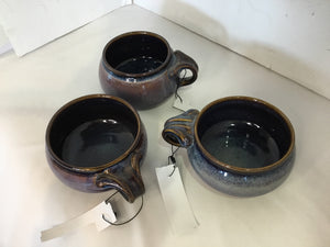 Set of 3 Brown/Purple Pottery Handles Bowl Set