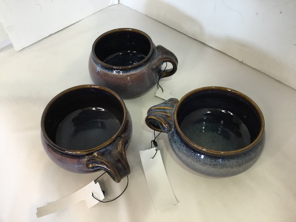 Set of 3 Brown/Purple Pottery Handles Bowl Set