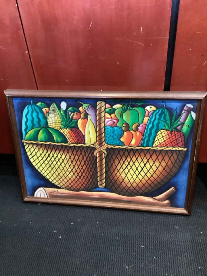 Signed Multi-Color Canvas Painted Veggies In Basket Framed Art