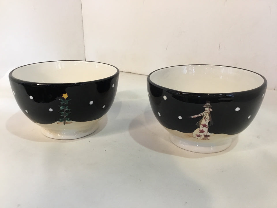 Certified Int. Bowl White/Black Ceramic Snowman Set of 2 Holiday Item