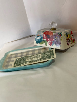 Pioneer Woman Floral Ceramic Checkered Butter Dish