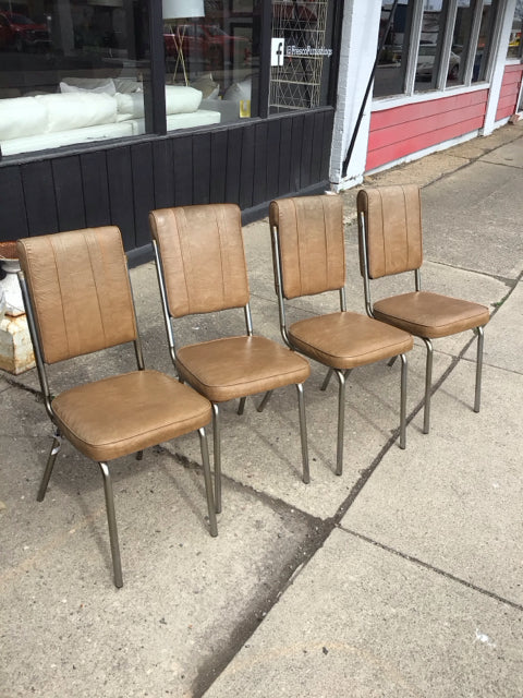 Mid-Century Vinyl/Chrome Set of 4 Dining Brown Chair Set