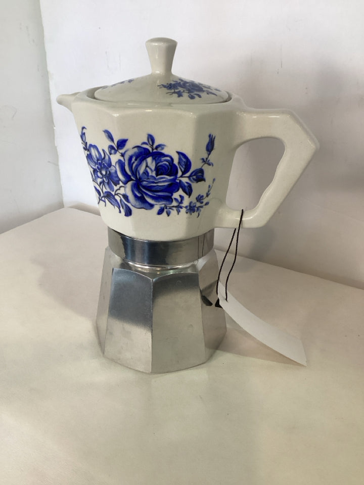 Vintage Italian Ceramic/Metal White/Blue Coffee Pot