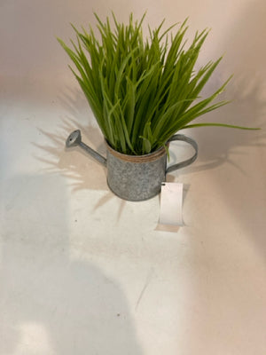 Green/Silver Galvanized Watering Can In Planter Faux Plant