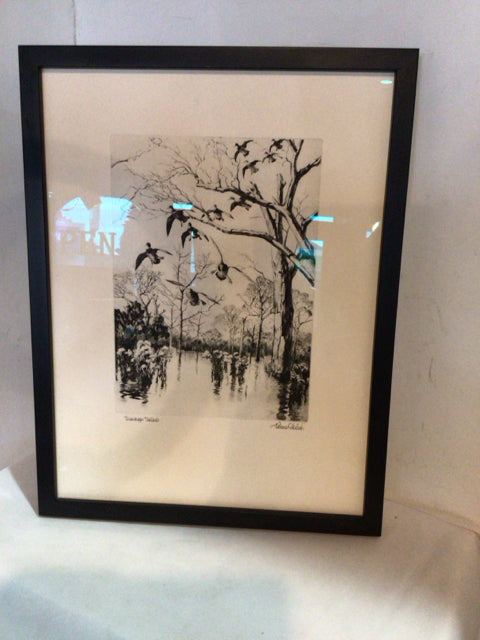Signed Black/White Mallard Ducks Framed Art