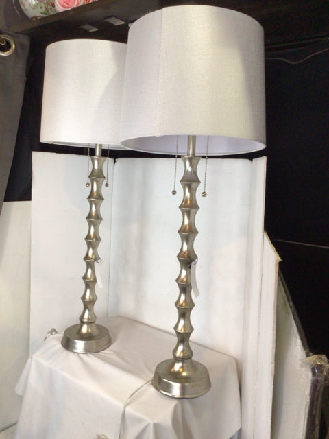 Pair Silver Metal Lamp Set