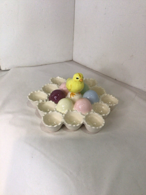 Cream/Pastel Ceramic Chicadee Egg Plate