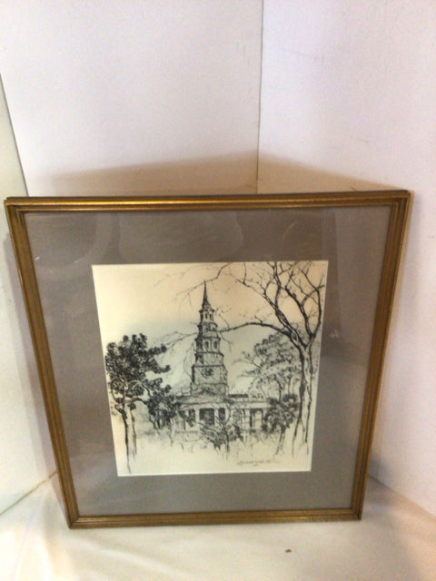 Vintage Sketch Cream/Black Church Signed Framed Art