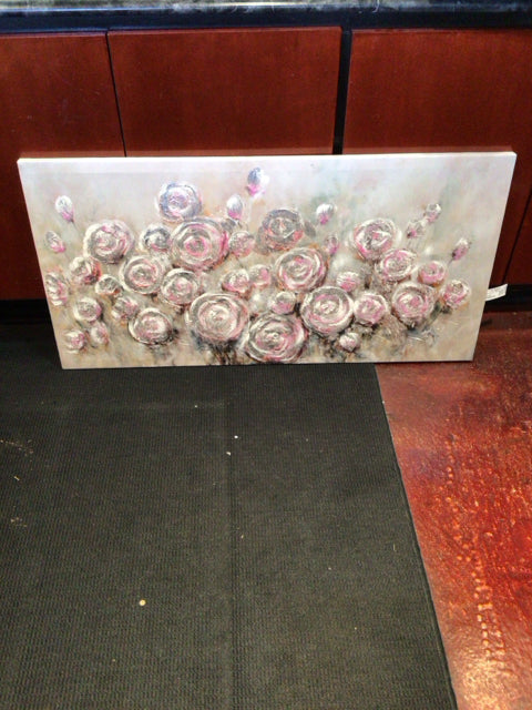 Silver/Pink Flowers Stretch Canvas Art