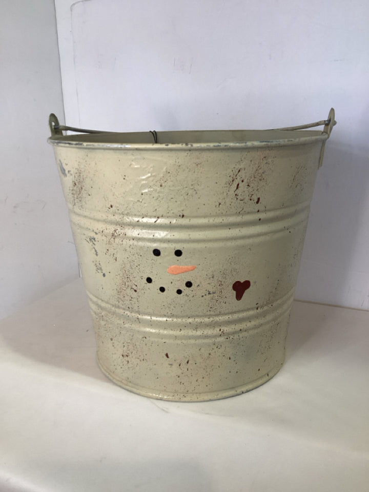 Christmas Cream Metal Bucket Snowman Holiday Item