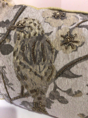 Gray Polyester Beaded Birds Pillow