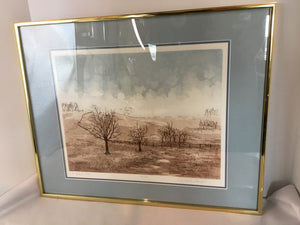 Signed Print Brown/Blue Field Framed Art