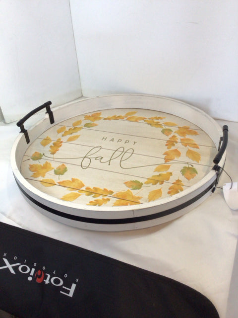 Fall White/Yellow Wood Tray Leaves Holiday Item