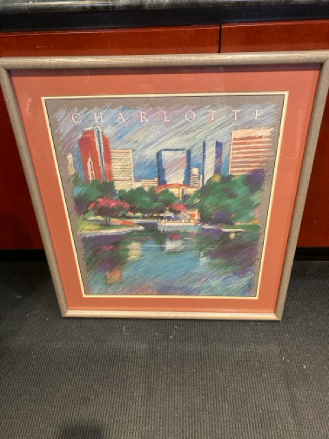 Signed Blue/Green Skyline Framed Art