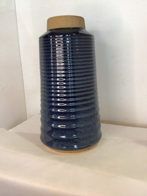 Blue Pottery Ribbed Vase