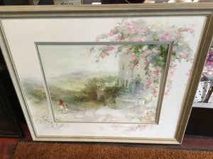 Cream/Pink Porch Scene Floral Framed Art