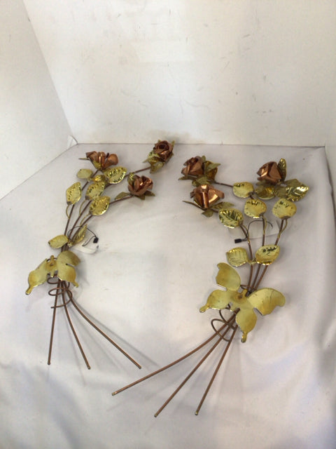 Mid-Century Brass Roses Pair Wall Decoration Art