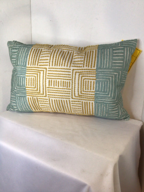 Lumbar Gold & Blue Linen Cotton Line pattern Pillow