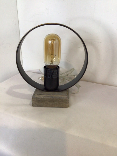 Round Black Metal & Wood Electric Lamp