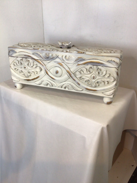 Carved Wood Lidded White Box