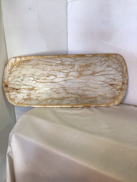 Carved White Washed Wood Oval Bowl