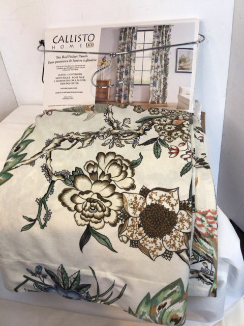 2 Panels Cream/Multi Velvet Floral Birds Draperies/Curtains
