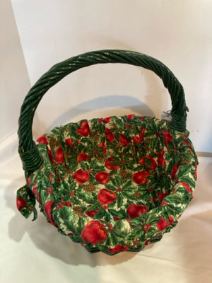 Basket Green/Red Wicker Cloth Holly Holiday Item