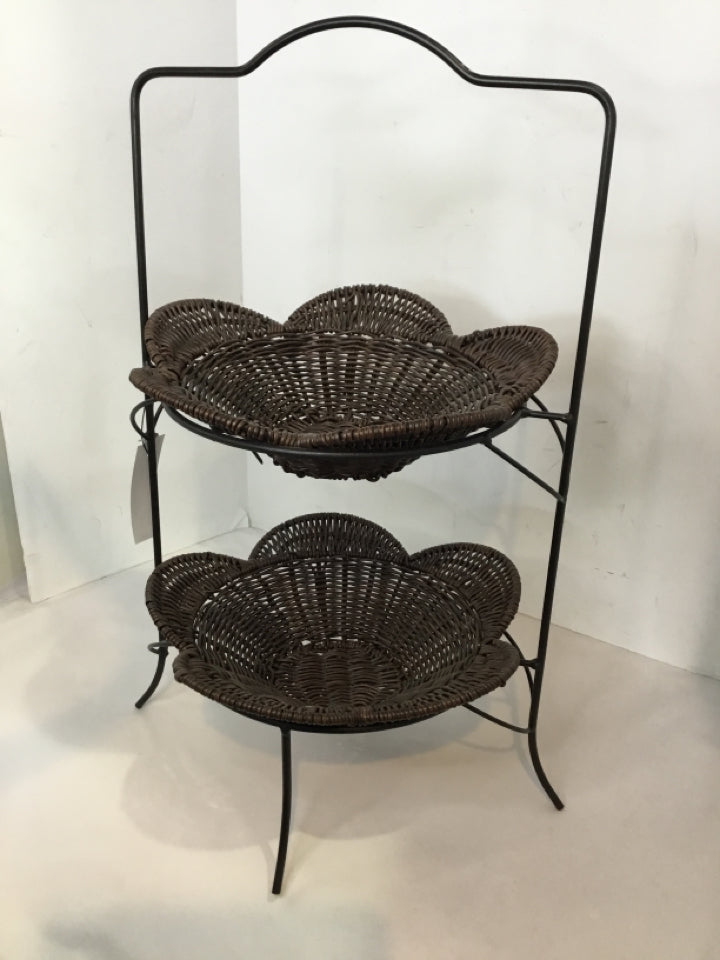 Tiered Brown/Black Metal/Wicker Fruit Basket