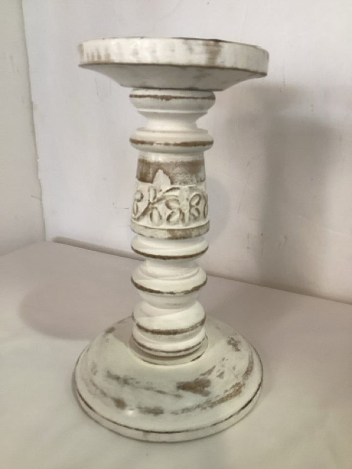 Farmhouse White Washed Wood Carved Candle Holder