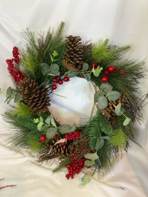 Wreath Green/Red Plastic Berries Pinecones Holiday Item