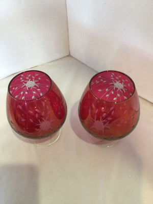 Brandy Snifter Red Etched Glass Pair Glasses