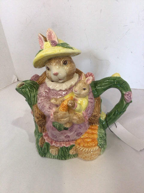 Fitz & Floyd Easter Pink/Multi Ceramic Bunny Tea Pot